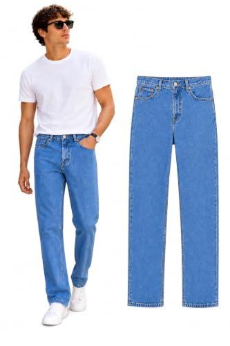 nspire Me Mens Straight Leg Heavy Duty 100% Cotton Jeans | Regular Straight Leg | Plain Denim Wash Regular Fit Boys Light Blue, 32W / 29L