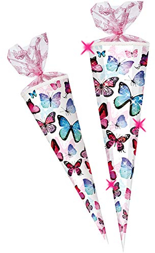 3D Glitzer Effekt ! - Schultüte - Schmetterling - bunt - 85 cm - 12 eckig - Organza - Tüllabschluß - Zuckertüte - Nestler - Mädchen - Schmetterlinge rosa pink..