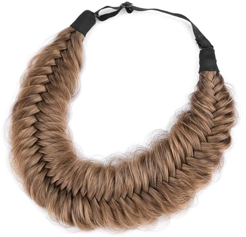 BOBIYA breites Fischschwanz-Haarband aus Kunsthaar, geflochten, klassisch, grob, elastisches Stretch-Haarteil, für Damen und Mädchen, Schönheitsaccessoir (Lehmfarben)