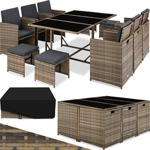 tectake® Stor Matgrupp, Rottingmöbler, Utebord med 3 Glasplattor, 6 Rottingstolar med Sitt- och Ryggdynor, 4 Pallar med Dynor, Sittgrupp med Platsbesparande Kubsystem - Natur