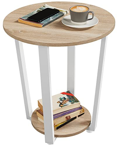 Yaheetech Beistelltisch rund, Couchtisch, Sofatisch mit Stahlgestell, robust, Kaffeetisch für Wohnzimmer, Schlafzimmer, Industrie-Design, Eiche, 50 x 50 x 56,5cm