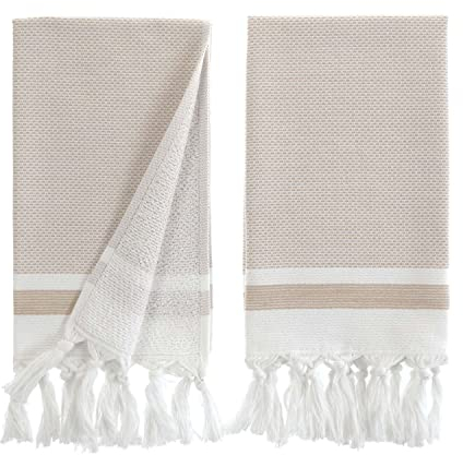 sea me at home Turkish Hand Towels for Bathroom, Kitchen Towels Decorative Set of 2, Luxury Turkish Cotton Dish Tea Towels 14 x 30 Inches for Bohemian, Rustic, and Farmhouse Decor (Beige)
