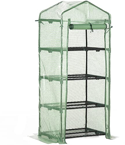 Outsunny 4 Tier Mini Greenhouse, Portable Compact Green House with Steel Frame, PE Cover, Roll-up Door, 70 x 50 x 160 cm, Green