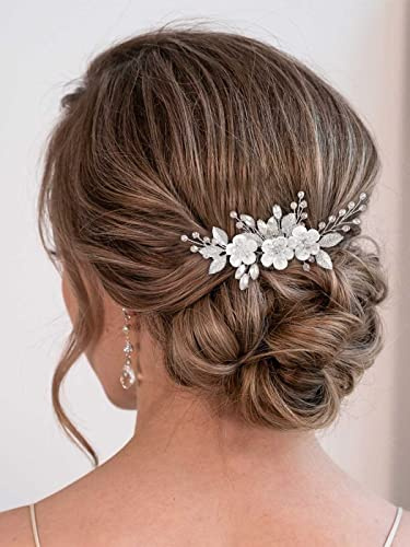 Catery Flower Bridal Hair Comb Wedding Hair Clip Rhinestone Hair Accessories for Brides and Women (Silver)