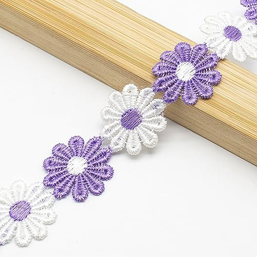 XCSJ 5 Yard 25mm Blumen Spitzenband Spitzenborte Stickerei Dekoband Zierband Borten Bänder Blumenband Gänseblümchen Dekoband Spitzen Spitzenborte Für Hochzeit Deko Handwerk Nähen Deko (lila,weiß)