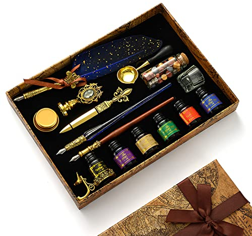 JasCherry Schreibfeder mit Tinte Set- Vintage Kalligrafie Stift mit Wachssiegel Stempel, Federkiel Set mit 6 Tinte & 18 Ersatzspitzen in Geschenkbox für Geburtstag, Weihnachten, Valentinstag