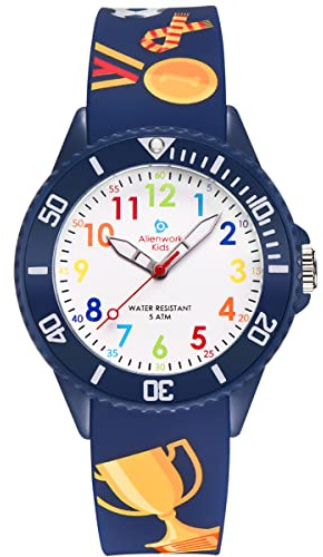 Alienwork Fußball Jungs Lernuhr Kinderuhr Jungen Mädchen Marineblau Silikon-Armband Mehrfarbig Kinder-Uhr Wasserdicht 5 ATM Zeit Lernen