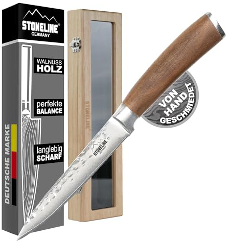 STONELINE Damastmesser Universalmesser 24 cm, Extrem Scharfe 12 cm Klinge aus 67 Lagen, HRC 60±2, VG10 Stahl, Damast Profi Küchenmesser mit Hammerschlag, Griff aus Walnussholz