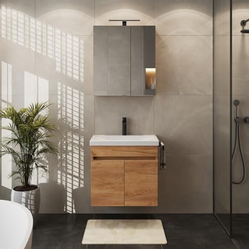Planetmöbel Waschbecken mit Unterschrank, Keramikwaschbecken | 63 x 60 x 36,5 cm, Spiegelschrank 60 cm mit LED-Leuchte (schwarz matt) & Steckdose, modernes Badmöbel Set, Gold Eiche