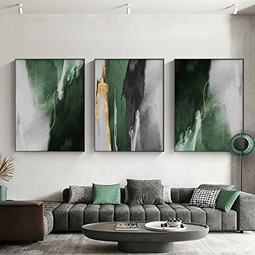 Abstrakte Kunst auf Leinwand, modernes Grün und Goldfolie, nordische Poster und Drucke, Wandkunst, Bilder für Wohnzimmerdekoration, 70 x 90 cm (28 x 35 Zoll) x 3 mit Rahmen