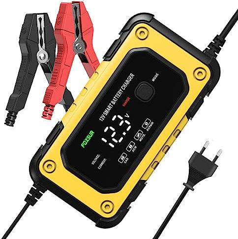 Caricabatterie Auto e Moto 12V 6A, Automatico Caricabatterie e Mantenitore Intelligente Carica Batteria Portatile con Schermo LCD per Auto Moto Camion e AGM Gel Batterie