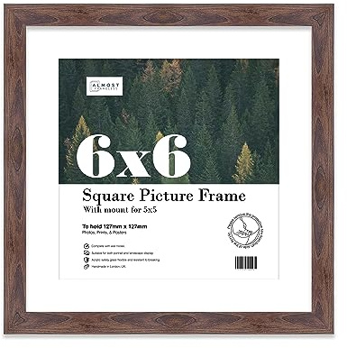 Almost Frameless 6x6 Picture Frame, Display Pictures 5x5 With Mat or 6x6 Without Mat, Wall Hanging & Free Standing Photo Frame, Walnut, 1 Pack