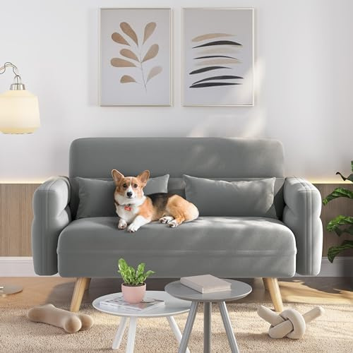 Yaheetech 2 Seater Sofa, 116cm Small Loveseat Sofa Couch, Fabric Futon Settee Lounge with 2 Pillows and Tapered Legs for Dorm/Office/Bedroom/Living Room Light Grey