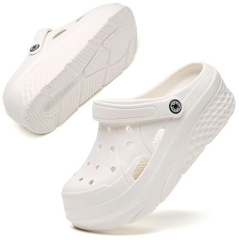 SECHRITE Womens Platform Clogs Garden Shoes with Strap Waterproof Slip On Slides Beach Pool Sandals Summer Mules Home Slippers Water Shoes White Butterfly 42