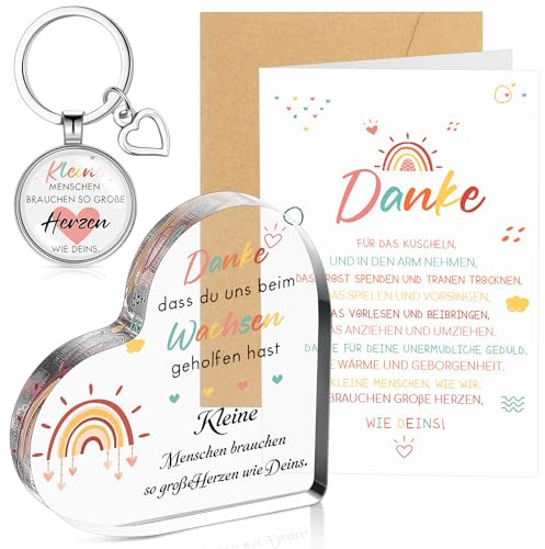 Sinmoe 4 Stück Erzieherin Abschiedsgeschenke Set, Helle Farbe | Kleine Menschen Brauchen So Große Herzen Wie Deins, Schlüsselanhänger mit Herzförmigem Acrylschild, Regenbogen Karte Umschlag