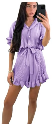 Hiffy Women's Pleated Gold Button Tie Belted Collared Playsuit