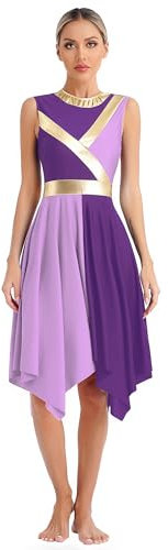 Oyolan Damen Tanzkleid Liturgisch Lob Kleid Ärmelloses Ballettkleid Abschlussball Gesellschaftstanz Kleid Ballsaal Dancewear Lila und Helllila M