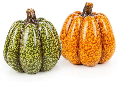 Logbuch-Verlag 2 decorazioni a forma di zucca in ceramica color arancione verde marrone decorazioni autunnale Autunno decorare casa rotonde da appoggiare idea regalo decozione 12,5 cm