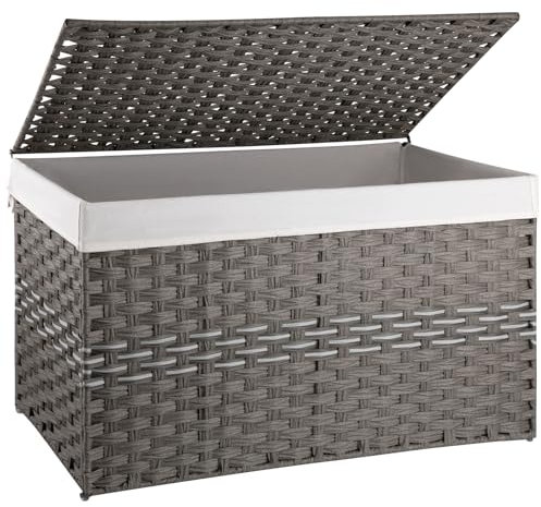 OIAHOMY Large Storage Basket with Lid, 42.3 Gallon (160L) Blanket Basket with Removable Liner Bag, Wicker Hamper with Handle, Foldable, Hamper for Bedroom, Grey