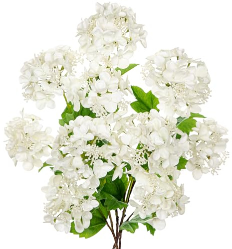 Briful 5er Set Künstliche Hortensien Kunstblumen Wie Echt, 50CM Dekoblumen mit Zwei Knospen Weiße Kunsthortensien für Blumengesteck Home Dekoration
