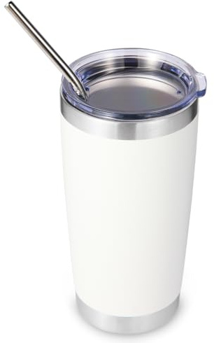 Volhoply 600ml（20oz） Thermobecher mit Deckel und Strohhalm,Doppelwandiger isolierter Reise-Eiskaffeebecher Passend für Auto-Tassenhalter,Pulverbeschichtete Becher für heiße und kalte Getränke,(Weiß,1)