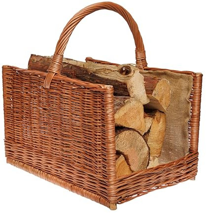 BOGATECO Weidenkorb mit quadratischem Griff | Großer Kaminkorb 51X35X33 | Handgewebt | Mit Jute ausgekleideter Holzkorb | Brennholzkorb