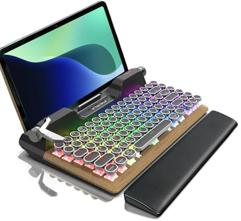 Teclado de estilo máquina de escribir retro inalámbrico con retroiluminación RGB mecánica, cómodo reposamuñecas, compatible con cableado/Bluetooth 5.0/inalámbrico 2.4G para iPad/PC/computadora