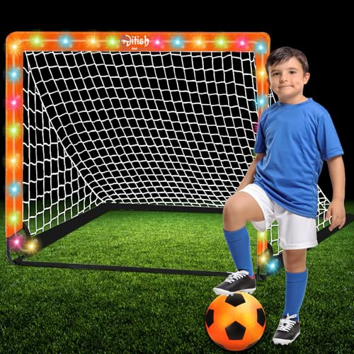 Hitish Football Goals for Kids Garden - Pop Up Collapsible Light Football Net Set with Ball - Outdoor Toddler Football Training Equipment Game Toy Gift for Boy Girls Junior Age 3-14
