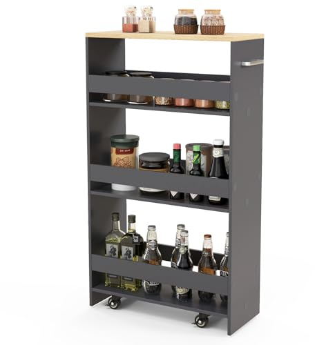 GIANTEX Carrello per Nicchia con Ruote, 4 Livelli，Carrellino di Servizio Stretto Salvaspazio, da Bagno, Scaffale da Cucina Sottile 47,5 x 20 x 80,5 cm (Naturale+Grigio, Largo 20 cm)
