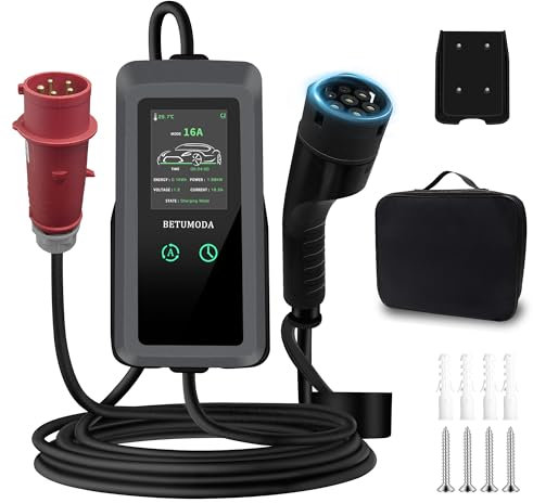 BETUMODA Mobile Wallbox 11kW Ladegerät Typ 2 mit CEE 16A Stecker, 3-phasig 7m Ladekabel, einstellbare Ladeleistung 8-16A, IP65 wasserdicht - für alle Elektroautos und PHEV