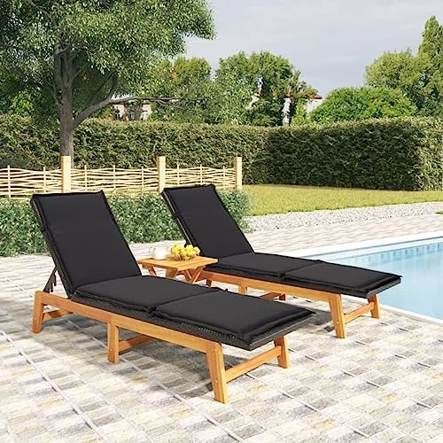 IKAYAA 3-Teiliges Sonnenliege Set, 4 verstellbaren Rückenlehnen, Relaxliege für Mittagspause mit Beistelltisch, Akazien Holz Gartenliege wetterfest, Balkon liegestuhl, Schwarz und Braun