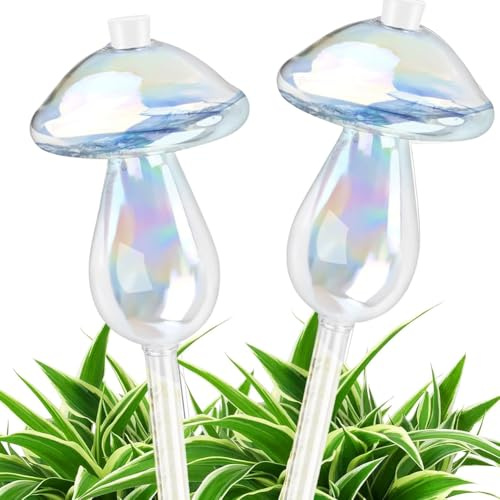 2 Stück Bewässerungskugeln Pilze, Wassertropfen Pilz Selbstbewässernde, Wasserspender Pflanzen Bunte Glas Pflanzenbewässerungskugeln Glas Bewässerungsspieß für Zimmerpflanzen, Garten und Balkon