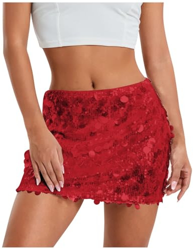 Jupe Paillette Femme Taille éLastiquée, Mini Jupe Femme Sexy Danse du Ventre Costume à Sequins Taille Haute Courte Polyvalente Basiques Brillant pour Danse Carnaval SoiréE Bal Fête Party Disco Jupes