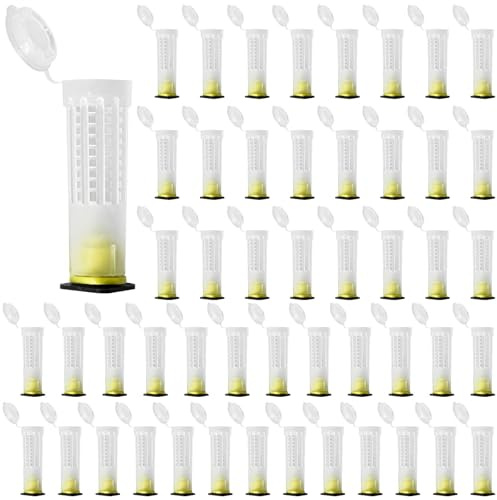 50-Count Queen Bee Enclosures, Plastic Construction, Vented Housing, 1.02 X 0.87 X 3 Inches, Lid Seals to Block Debris, Designed for Beekeepers