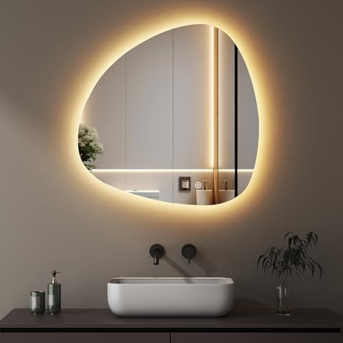 Boromal Asymmetrischer Badspiegel mit Beleuchtung 80x80cm LED Asymmetrischer Spiegel mit Beleuchtung Spiegel mit Licht Badezimmer Wandspiegel mit Touch-Schalter, 3 Lichtfarbe Dimmbar