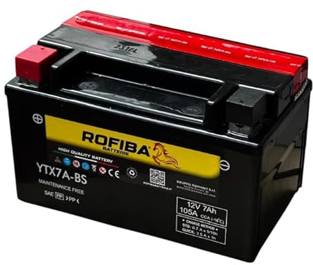 RoFiba YTX7A-BS Batteria Moto 12V 7Ah AGM | Compatibile con Yuasa YTX7A-BS e Exide ETX7A-BS | Senza Manutenzione per Scooter, ATV e Moto
