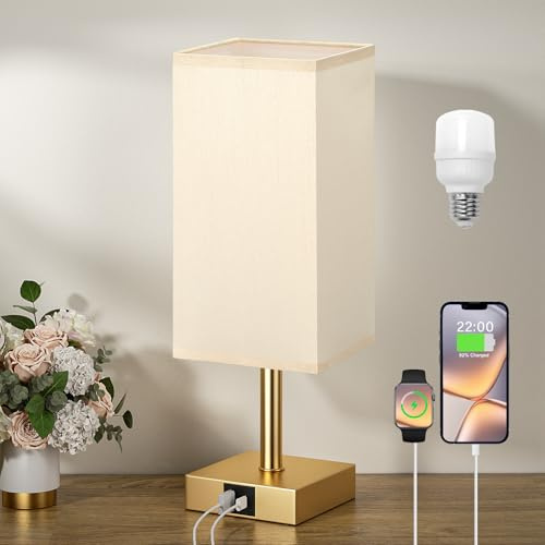 Aooshine Bedside Lamps, Touch Control Table Lamp with USB A+C Charging Ports, Lamps 3 Way Dimmable, for Bedroom Living Room-Yellow Fabric Shade (LED Bulb Included)