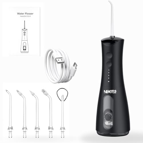 Nektle Portable Water Flosser – 300ml Tank, 360° Rotating Nozzle, 5 Jet Tips, USB-C Rechargeable Oral Irrigator for Braces, Gum Care & Travel