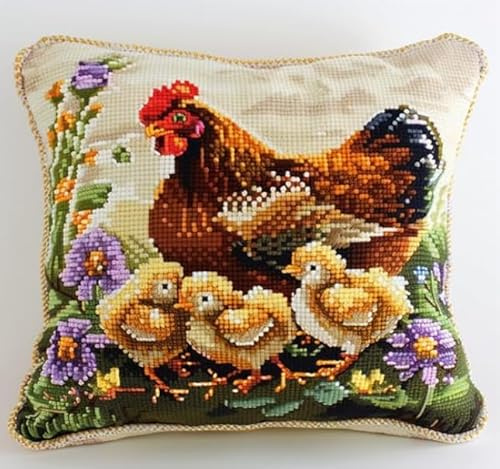 XFENDOUDOU Kreuzstich Kissen Set Vorgedruckt Stickset DIY Tier Huhn Gebastelt Kissenbezug ohne Kissenkern für Anfänger Erwachsene 45x45cm Bastelset Haus Dekoration