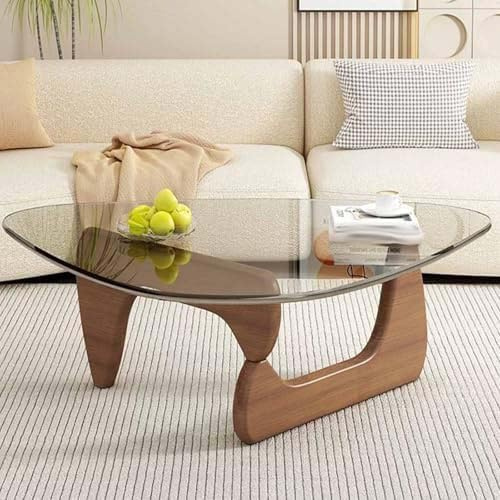 Couchtisch, dreieckiger Glastisch mit Massivholzsockel & Tischplatte aus gehärtetem Glas, ovales Retro-Design für Wohnzimmer & Sofaseite