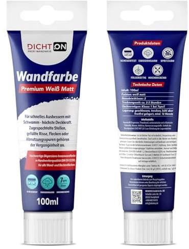 DICHTON Wandfarbe Ausbessern weiß mit Schwamm 100ml Tube einfaches Auftragen, höchste Deckkraft, hohe Reichweite - Innenfarbe scheuerfest, emissionsarm, spritzarme Ausbesserungsfarbe D.63W
