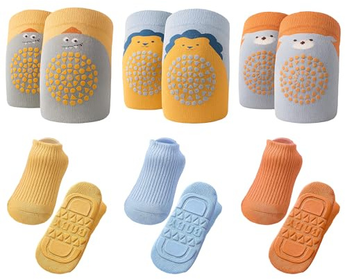 daqoupzi 3 Paar Knieschoner Baby Krabbeln und 3 Paar Rutschfeste Socken Baby, Krabbelhilfe für Babys，Krabbelsocken, Socken für Babys mit Gummipunkten,Geeignet für Jungen und Mädchen