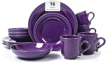 HomeVSS Dinner Set, 16 Piece Stoneware Set for 4, Plates and Bowls Set with Mug, Dishwasher & Microwave Safe, Chip and Scratch Resistant, Pearl Dot Series, Purple