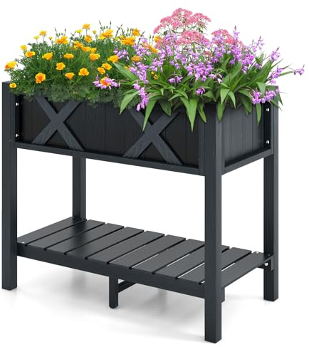 COSTWAY Hochbeet mit Ablage, erhöhtes Blumenbeet HIPS-Holz, Pflanzkübel mit Drainagelöchern, Pflanzkasten Kräuterbeet Pflanztrog Gartenbeet, Anzuchtbeet Balkon Garten Balkon, 86 x 45 x 73 cm, Schwarz