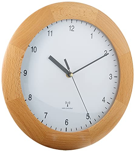 TFA Dostmann Funkwanduhr, Design Wanduhr Holz, 98.1065, aus Buche, zum Hängen, 31cm Durchmesser, als Küchenuhr, Wohnzimmeruhr, Designuhr, braun