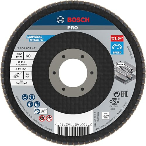 Bosch PRO X571 Fächerschleifscheibe, abgewinkelt, 115 mm, K40 | für Stahl, Edelstahl, Körnung 60, Professional Zubehör Kleiner Winkelschleifer