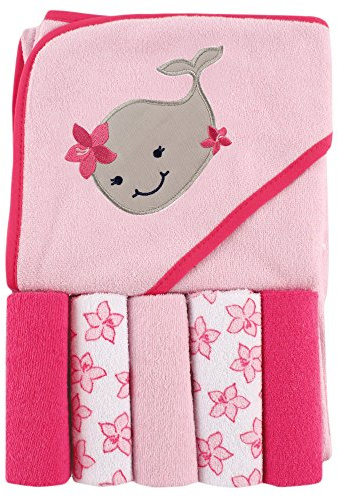 Luvable Friends Unisex Baby Hooded Towel with Five Washcloths, Girly Whale, One Size