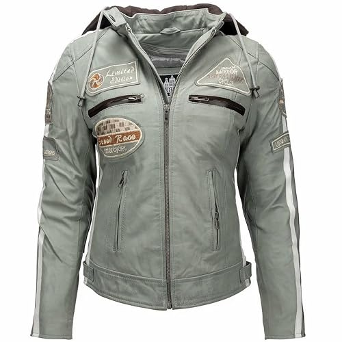 URBAN 5884 Motorradjacke Damen Mit Protektoren, Damenjacke aus Lammleder, Protektoren für Rücken, Schultern und Ellenbogen | Grau | 4XL
