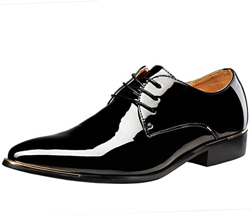 wealsex Derby Cuir Vernis Chaussure de Ville à Lacets Homme Bout Pointu Chaussure Affaire Bureau Costume Mariage (Noir,45)