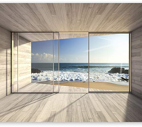 murando Fototapete selbstklebend Meer Fenster 392x280cm Foto Tapete Tapetenfolie Möbelfolie Wandverkleidung Wandtapete Motivtapeten Bildtapete Wohnzimmer 3d Effekt Modern See Natur Landschaft 3D Holz
